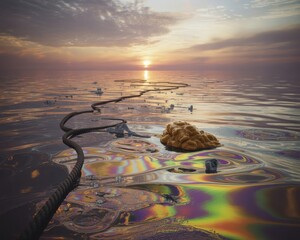 Naklejka premium Iridescent toxic oil spill and long black pipe on frozen icy water reflecting a golden sunset in an environmental pollution disaster