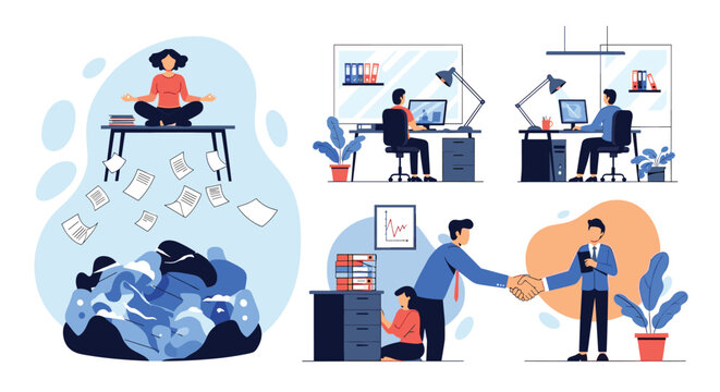 Diverse business scenes featuring a woman meditating at a desk full of papers and colleagues collaborating and shaking hands in an office.