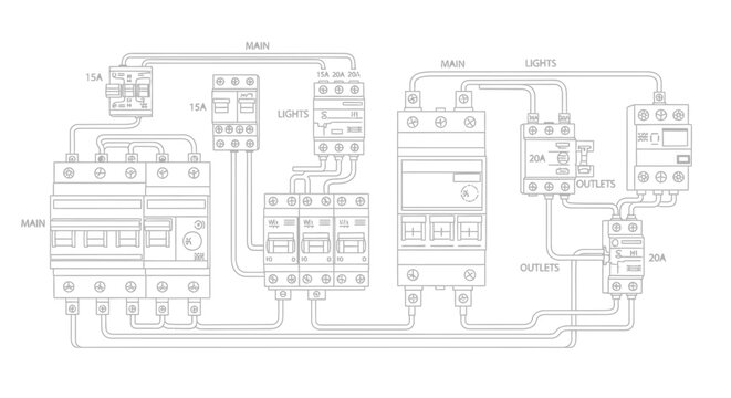 Technical schematic of residential electrical breaker panel and wiring