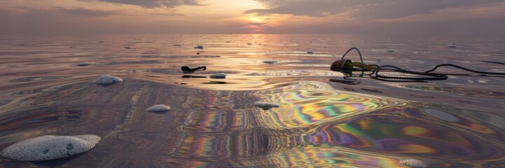 Naklejka premium Iridescent toxic oil spill on a frozen icy beach with debris and wire reflecting a golden sunset in an environmental pollution disaster