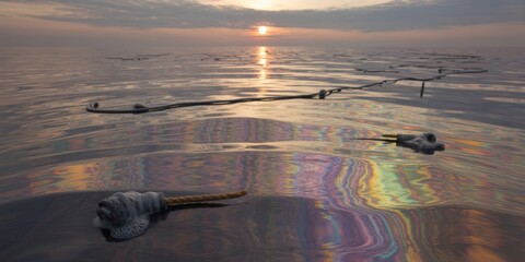 Naklejka premium Iridescent toxic oil spill with floating debris and long black pipe on calm water reflecting a golden sunset in an environmental pollution disaster