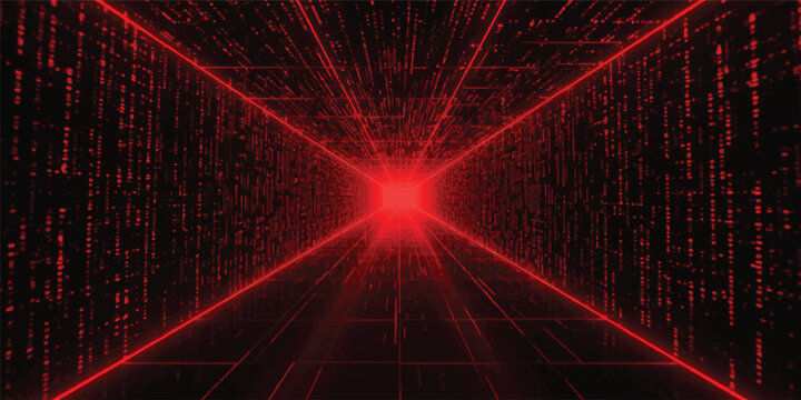 Abstract glowing binary code tunnel with red light and futuristic technology pattern background