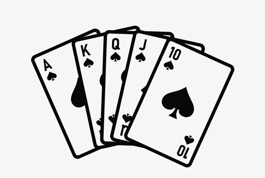 Royal flush poker hand of spades cards displayed in a fanned-out arrangement representing gambling, casinos, and high stakes games.