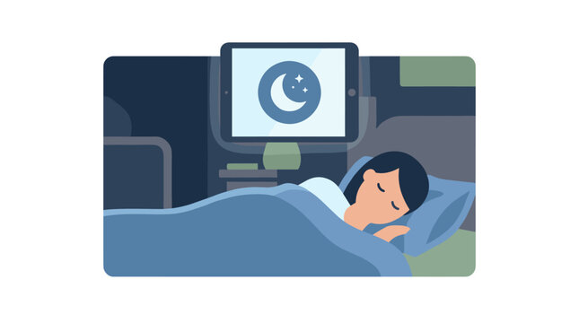 Woman sleeping peacefully in bed with a tablet displaying a moon icon.