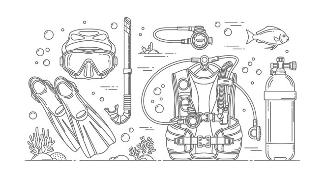Underwater scuba diving equipment vector illustration on white background