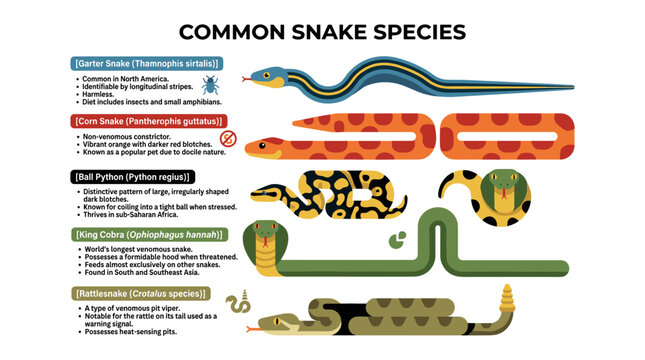 Common Snake Species Illustrated with Key Characteristics.