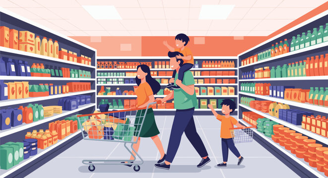Family with two young boys shopping for groceries in a supermarket aisle filled with many products on organized shelves.