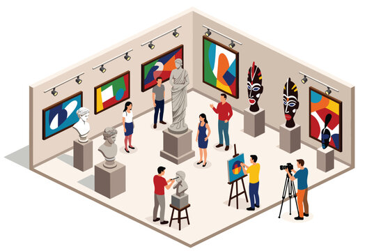 Isometric view of people visiting an art museum gallery featuring paintings, sculptures, and tribal masks with visitors and a photographer.