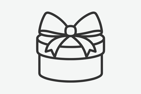 Simple black and white line icon of a round gift box tied with a large decorative bow for holidays, birthdays, and celebrations.