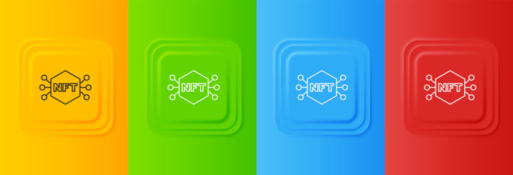 White NFT Digital crypto art icon isolated on colorful background. Non fungible token. Set icons in square buttons. Vector