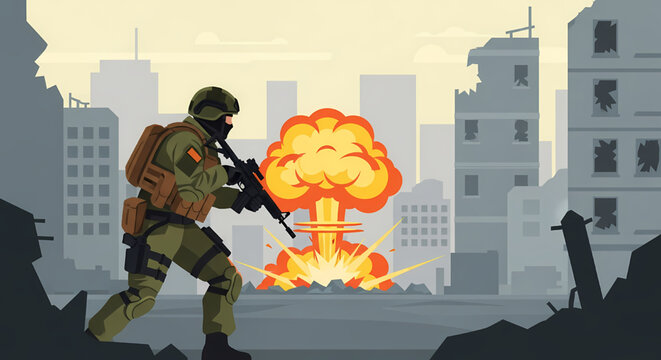 Illustration of a soldier in a war zone with an explosion in the background