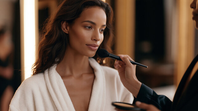 Professional makeup artist applying editorial highlight to a model's cheekbone backstage, brush in one hand and palette in the other, ambient dressing room mirrors, September