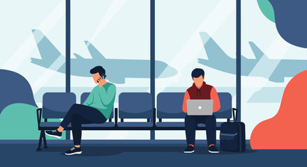 Fototapeta premium Two men sitting in an airport waiting room using their phone and laptop while silhouettes of planes are visible outside.