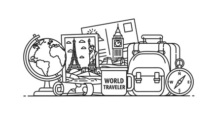 Naklejka premium World travel illustration with backpack globe and famous landmarks