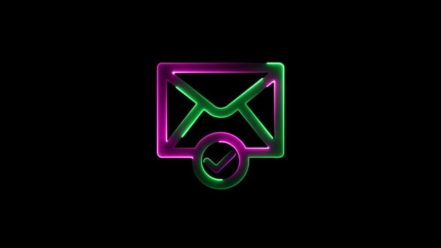 "Glowing Neon Email Envelope with Check Mark Icon Animation Featuring Vibrant Pink and Green Light Border on Black Background age, Newsletter Subscription, and Mail Success Concepts.