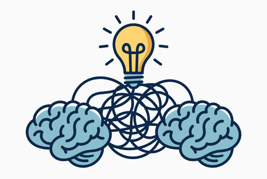 Conceptual illustration of two brains connected by tangled wires to a glowing light bulb representing brainstorming and shared creative ideas.