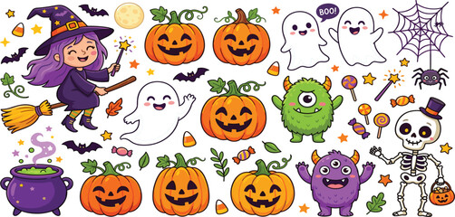 Fototapeta premium Cute Halloween Character Collection with Witch Pumpkins Ghosts Monsters Skeleton Candy and Spooky Cartoon Elements Vector Illustration Set