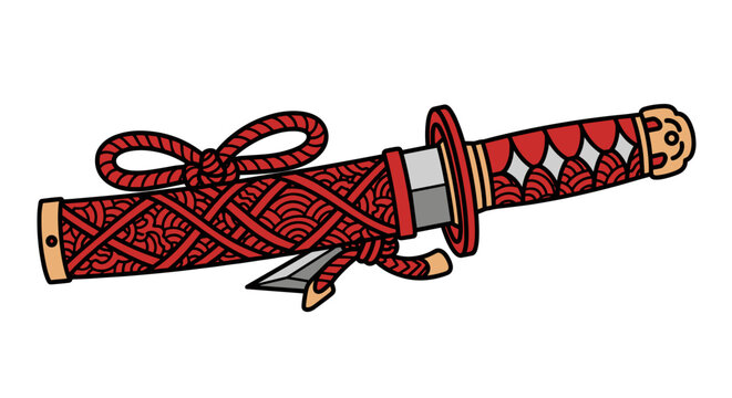 Traditional Japanese Samurai Sword Handle With Red Wrapping.