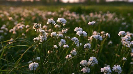 Fototapeta premium An expansive flower field is bathed in warm golden hour light creating a serene and picturesque landscape scene