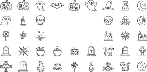 Obraz premium Halloween Outline Icon Collection with Pumpkins Ghosts Skulls Spiders Tombstones Candles and Spooky Holiday Symbols Vector Set