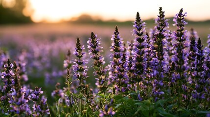 Obraz premium A serene and expansive view of a vibrant lavender field bathed in warm evening golden light