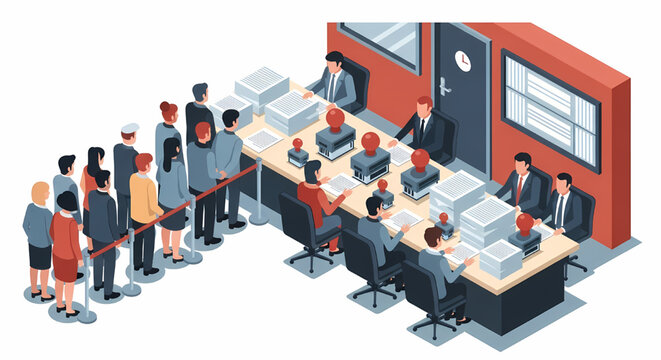 Isometric illustration of office workers queuing for administrative service