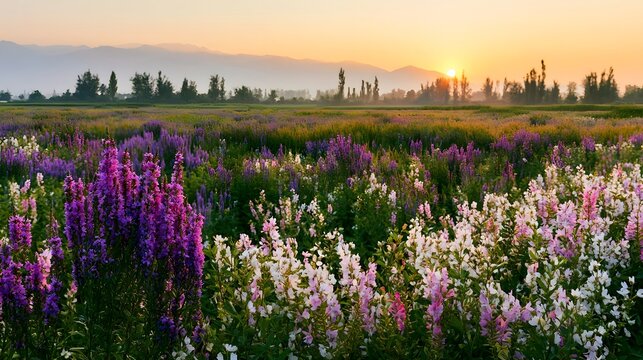 A vast field of purple wildflowers glows under the warm golden light of the sunset framed by distant mountains