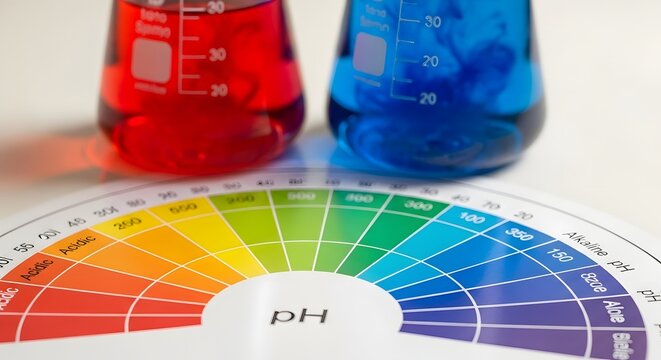 Red and blue liquids in chemistry beakers sit above a detailed circular pH indicator chart