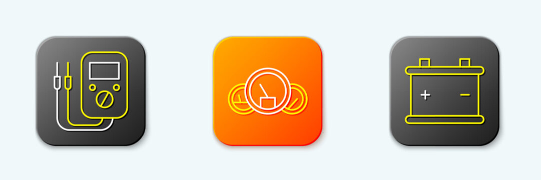 Set line Multimeter, Speedometer and Car battery icon. Vector