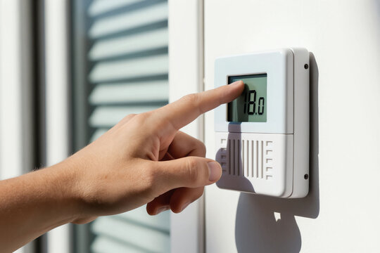Hand adjusts digital thermostat setting lower for energy saving. Person controls indoor temperature reducing home heating costs for better economy. Adjusting warmth efficiency for winter.