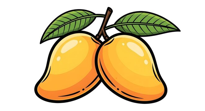 Two ripe golden yellow mango fruits with green leaves are depicted in a vibrant cartoon illustration