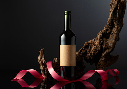 Bottle of red wine with old empty label.