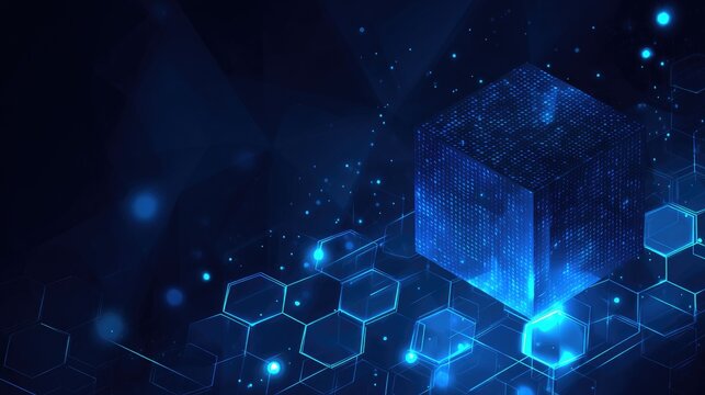 Futuristic digital cube on a glowing hexagonal grid, abstract blue background