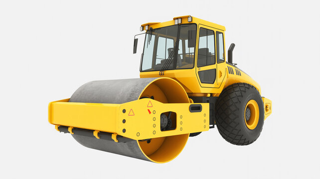Yellow road roller construction vehicle for asphalt paving and compaction