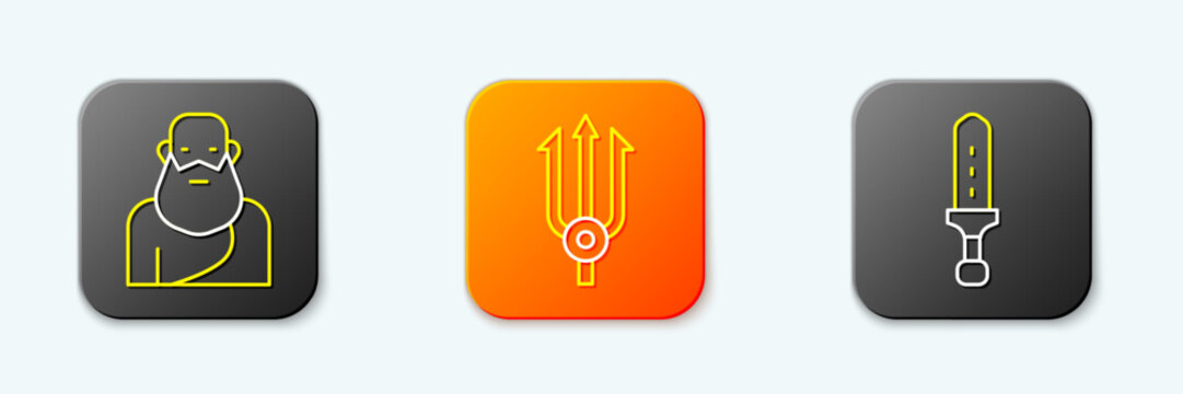 Set line Socrates, Neptune Trident and Medieval sword icon. Vector