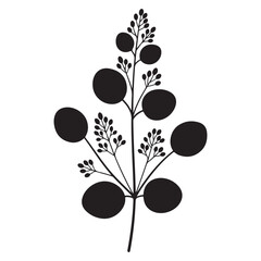 Minimalist black silhouette of eucalyptus branch with round leaves and berries on white background. © MdEashad