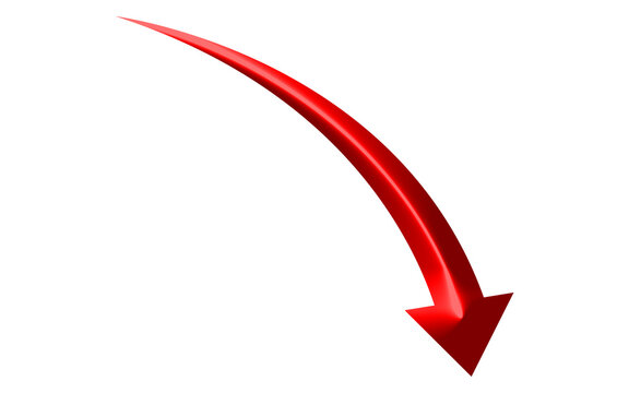 Red 3D curved arrow pointing down and right isolated on white background, decreasing trend or crash direction concept