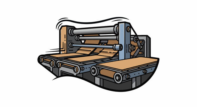 A cartoon illustration of a printing press with rolls and conveyor belts