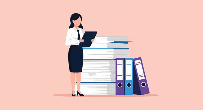 Flat vector illustration of a professional businesswoman standing beside a high stack of paper documents and ring binders while holding a folder against a plain background.