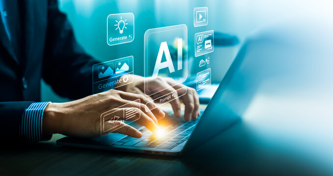 Generative AI creative content concept with business professional using laptop interface showing prompt based media creation automation digital design workflow and productivity tools
