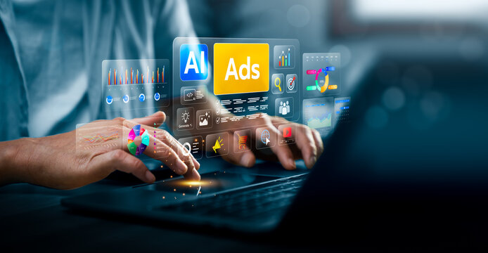 AI digital marketing concept with business professional using laptop and virtual advertising dashboard showing analytics charts audience targeting content creation and campaign performance