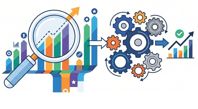 Clean flat vector concept of search engine optimization (SEO) web analysis and organic traffic ranking on a white background