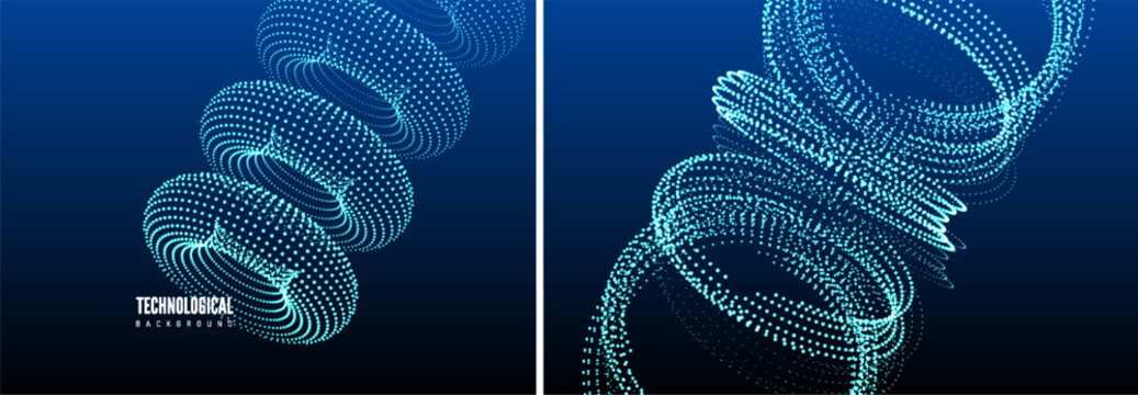 Torus. A set of figures arranged cyclically around a circle. Dynamic mathematical model. Grid. Scientific background. 3D vector for a brochure, poster, cover, postcard, presentation, flyer, or banner.