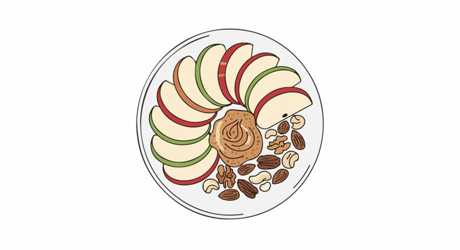 A circular plate of sliced apples, nuts, and a dollop of nut butter, artfully arranged