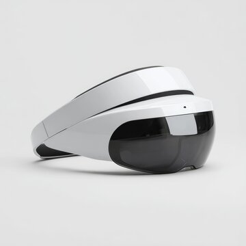 Sleek, white virtual reality headset with dark, reflective visor on a gray background