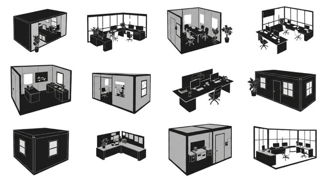 Construction Site Office Vector Set Modular Management Cabins and Portable Workspace Interiors