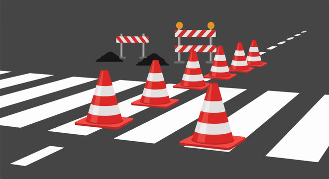 A road construction scene with traffic cones and barricades on a crosswalk