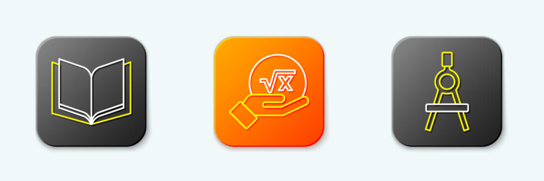 Set line Open book, Square root of x glyph and Drawing compass icon. Vector