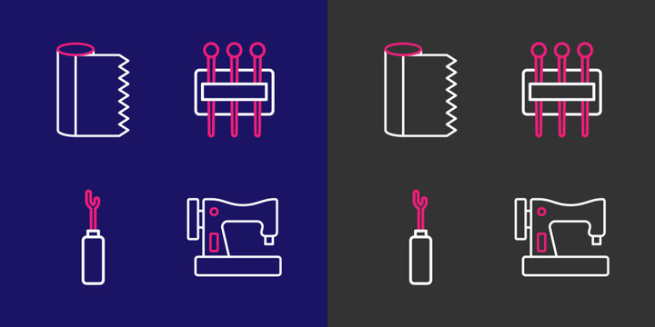 Set line Sewing machine, Awl tool, Needle for sewing and Textile fabric roll icon. Vector