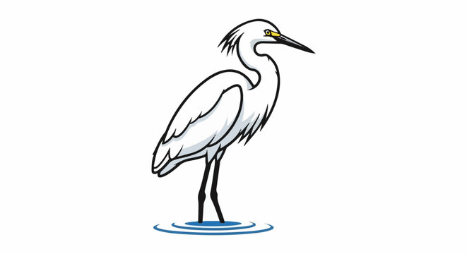A cartoon white egret stands in blue rippling water with a black outline